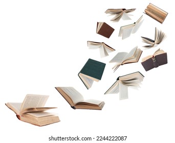 Many hardcover books flying on white background