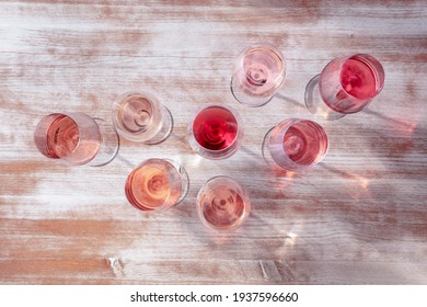 Many Hues Of Pink Wine, Overhead Flat Lay Shot