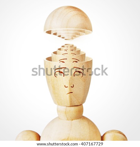 Many human heads are inserted one into the other. Concept of complexity of the mind. Abstract image with a wooden puppet