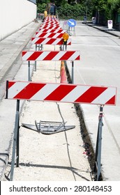 Many Hurdles In The Construction Site During The Roadworks For The Laying Power Line Cables