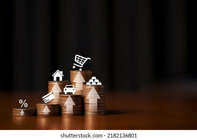 Many Icons Include Shopping Trolley Cart  ,house ,gold Bar ,Car And Credit Card On Coins Stacking With Copy Space For Inflation Crisis And Business Investment Growth Concept.