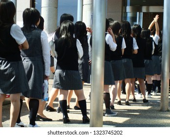 Many Japanese, Asian Girls, Female Students In Summer Uniform Lining Up, Queuing When Have A School Activity, Trip, Tour, Traveling, Journey For Study, Learning Education