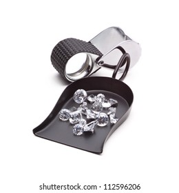 Many kinds of jewelers tools - Shovel Bead scoop with loop Handle, magnifier, tweezers and Diamonds