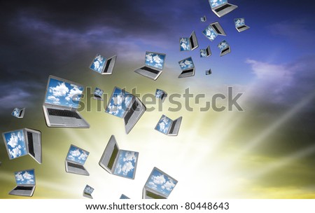 Many Laptops are flying with clouds