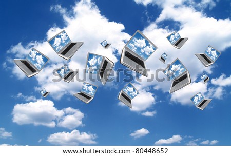 Many Laptops are flying with clouds