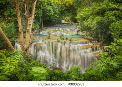 Many Layers Of Waterfalls Of Haui Mae Khamin Waterfall In Thailand. The Waterfall In The Tropical Jungle. Tralvel To Asia Concept. Top Waterfalls In Asia. Wonder Lust. Holiday In Thailand.