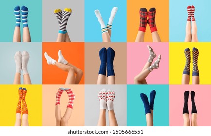 Many legs of young women in socks on color background