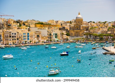 many little yachts and boats from plan wiev to the bay near Valletta in Malta - Shutterstock ID 299949458