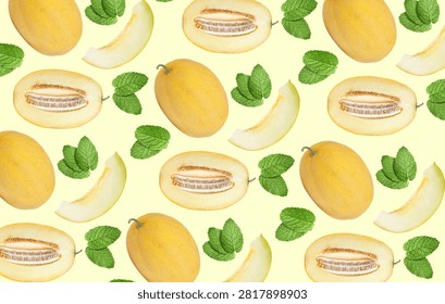 Many melons and mint in repetitive pattern on light yellow background. Summer design