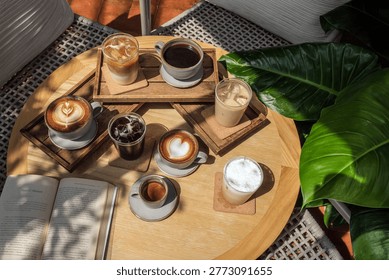 many menu type of coffee set on wooden table