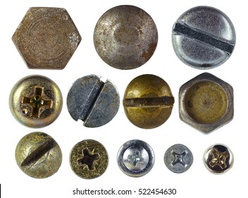 Many metallic screw heads  nuts  rivets isolated white background close  up macro color copper   silver isolated white background