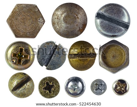 Many metallic screw heads, nuts, rivets isolated on white background close-up macro color copper and silver isolated on white background