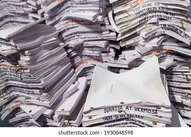 
Many Movie Scripts Piled Up On The Ground, Los Angeles, March, 2017