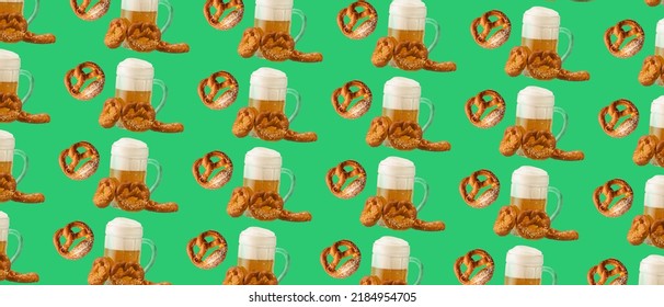 Many Mugs Of Fresh Beer And Pretzels On Green Background. Oktoberfest Celebration