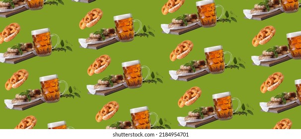 Many Mugs Of Fresh Beer, Sausages And Pretzels On Green Background. Oktoberfest Celebration