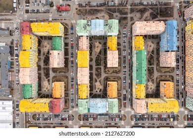 Many Multi-colored Residential Buildings In Kiev In Cloudy Weather. Aerial Drone Top View.