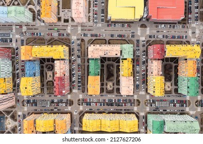 Many Multi-colored Residential Buildings In Kiev In Cloudy Weather. Aerial Drone Top View.