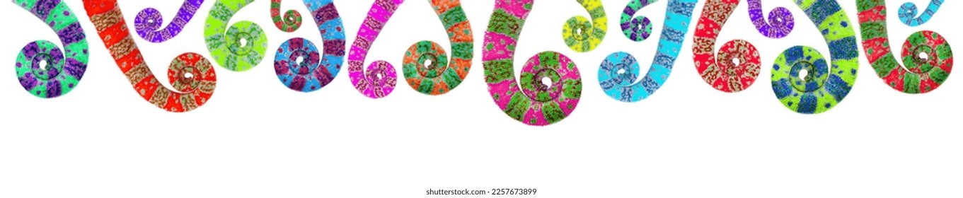 Many multicolored swirling chameleon tails isolated on white background. Different beautiful chameleon reptiles with bright skin. Skin color diversity concept. Exotic tropical animal. long banner - Powered by Shutterstock