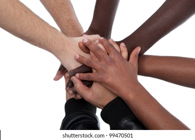 Many Multiracial Hands Coming Together As A Team!