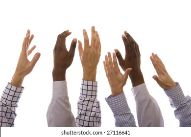 Many Multiracial Hands Up Isolated On White