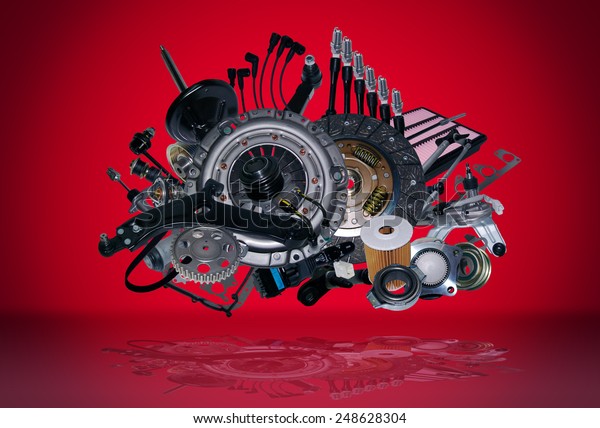 Many new auto parts for aftermarket, OEM spare\
parts. Big pile of new parts for passenger car. Spare parts and\
auto parts for shop, auto service. Set new part for car. All spare\
parts was isolated.