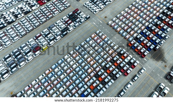 Many new cars parking before shipping to Dealer\
Customer, Care shipping to Ro-Ro Ship for import export Freight\
forwarding , Logistics transportation dealer shipping Cars Cars\
Export Terminal 