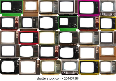 Many old televisions in orderly fashion with empty absolute white screen