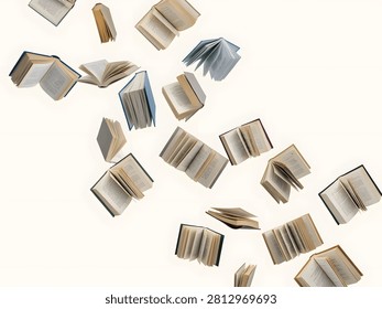 Many open books gracefully float through the air against a clean white background