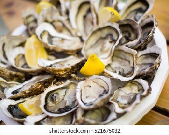 many opened oysters on plate top view close up