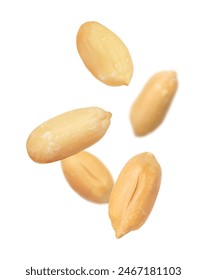 Many peanuts in air on white background