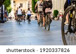 Many people in the city center in the pedestrian zone
who walk on foot and by bicycle