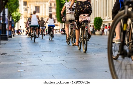 Many People In The City Center In The Pedestrian Zone
Who Walk On Foot And By Bicycle