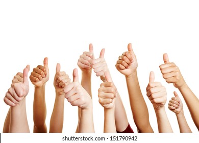Many people congratulate a winner and holding their thumbs up - Shutterstock ID 151790942