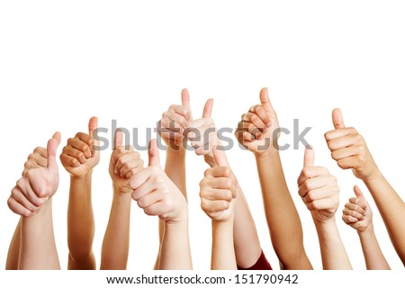 Many people congratulate a winner and holding their thumbs up