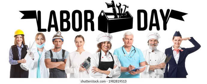 Many people of different professions and text LABOR DAY on white background - Shutterstock ID 1982819513