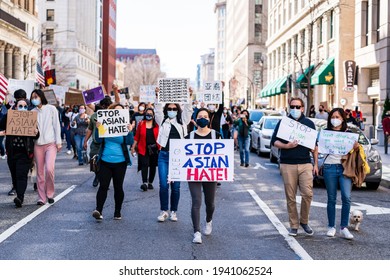 Many people gathered around Mcphereson Square to demonstrate to demand "Stop Asian hate" in Wasington DC, USA and marched to Chinatown on March 12th, 2021.