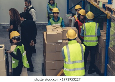 Many People , Workers And Manger Work In Warehouse Or Storehouse . Logistics , Supply Chain And Warehouse Business Concept .