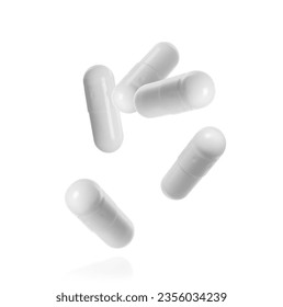 Many pills falling on white background. Four capsules in air