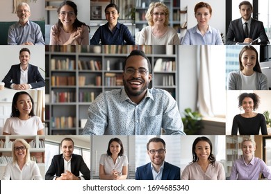 Many Portraits Faces Of Diverse Young And Aged People Webcam View, While Engaged In Videoconference On-line Meeting Lead By African Businessman Leader. Group Video Call Application Easy Usage Concept