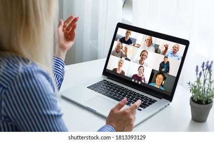 Many portraits faces of diverse young and aged people webcam view, while engaged in videoconference on-line meeting. Group video call application easy usage concept - Shutterstock ID 1813393129