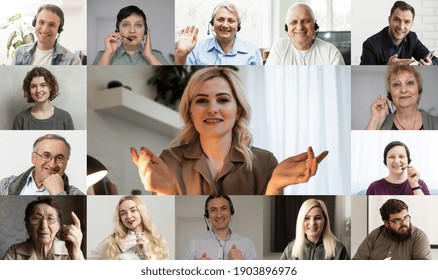 Many Portraits Faces Of Diverse Young And Aged People Webcam View, While Engaged In Videoconference On-line Meeting Lead By Businessman Leader. Group Video Call Application Easy Usage Concept