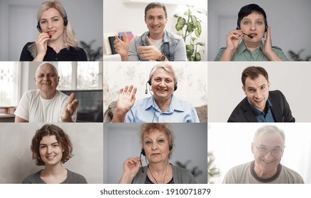 Many Portraits Faces Of Diverse Young And Aged People Webcam View, While Engaged In Videoconference On-line Meeting Lead By Businessman Leader. Group Video Call Application Easy Usage Concept