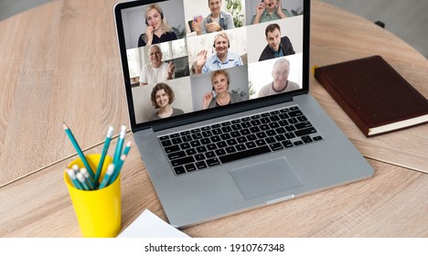 Many Portraits Faces Of Diverse Young And Aged People Webcam View, While Engaged In Videoconference On-line Meeting Lead By Businessman Leader. Group Video Call Application Easy Usage Concept