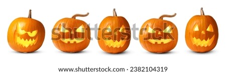 Many pumpkins with carved spooky faces isolated on white, collection. Jack-o-lantern for Halloween