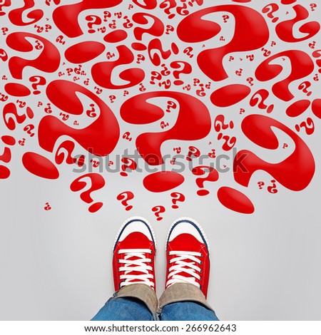 So Many Question Marks on Young Person Path to Growing Up with Red Sneakers from Above, Top View