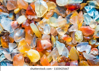 Many Raw Bright Crystals Of Crystalline Silica, Colorful Transparent Quartz Stones Texture Background