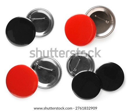 Many red and black button badges isolated on white, set
