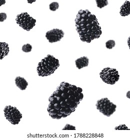 Many Ripe Blackberries Falling On White Background