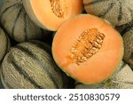 Many ripe Cantaloupe melons as background, top view