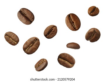 Many roasted coffee beans flying on white background - Shutterstock ID 2120579204